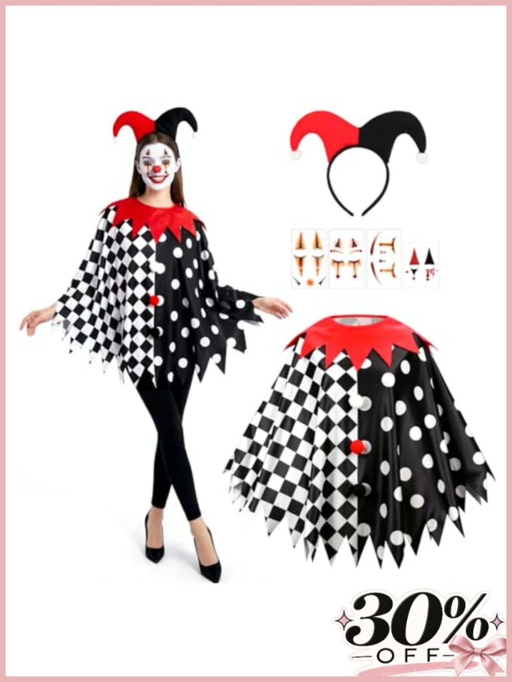 3 PCS Halloween Clown Costume Set Jester Poncho Hat Face Stickers Adult One Size